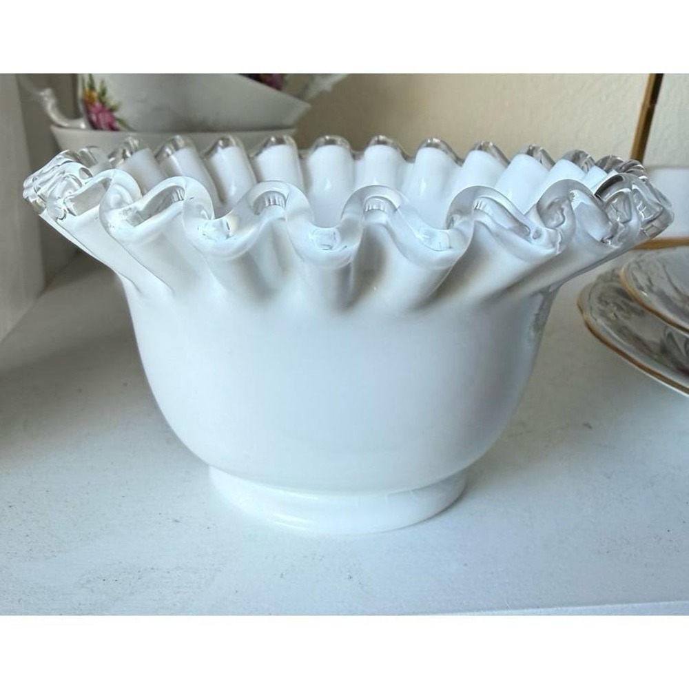 Vintage White Fenton Silver Crest Milk Glass Ruffled Dish Milkglass 4 3/4"x2 3/4